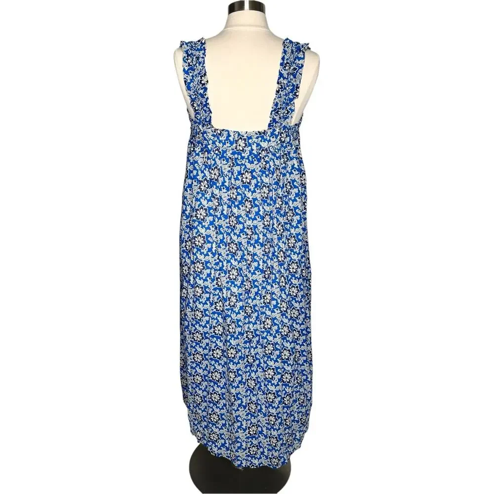 J. Crew Cotton Voile Ruffle-Trim Shift Midi Dress Cobalt Floral Size L NWT